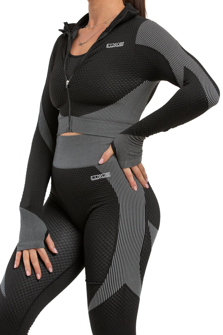 Striped Sports Bra, Leggings & Cropped Jacket Three-Piece Training Set Luxus