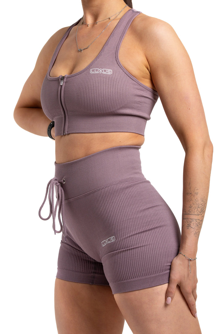 Ribbed Zip-Front Sports Bra & Drawstring Shorts Two-Piece Training Set Luxus